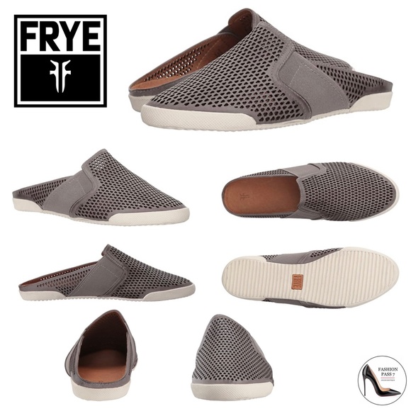 FRYE Melanie Gore Perforated Mule Sneaker Pale Blue Gray Leather Casual Flats - Picture 2 of 14